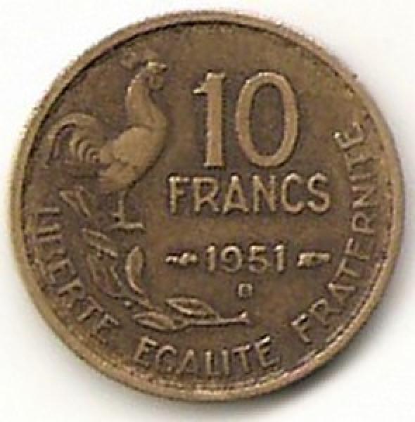 Prancūzija. 10 frankų ( 1951; B ) XF